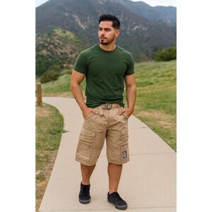 Ecko Unltd Ripstop Long Cargo Shorts Mens 34x14 Khaki Belted Y2K Street Wear